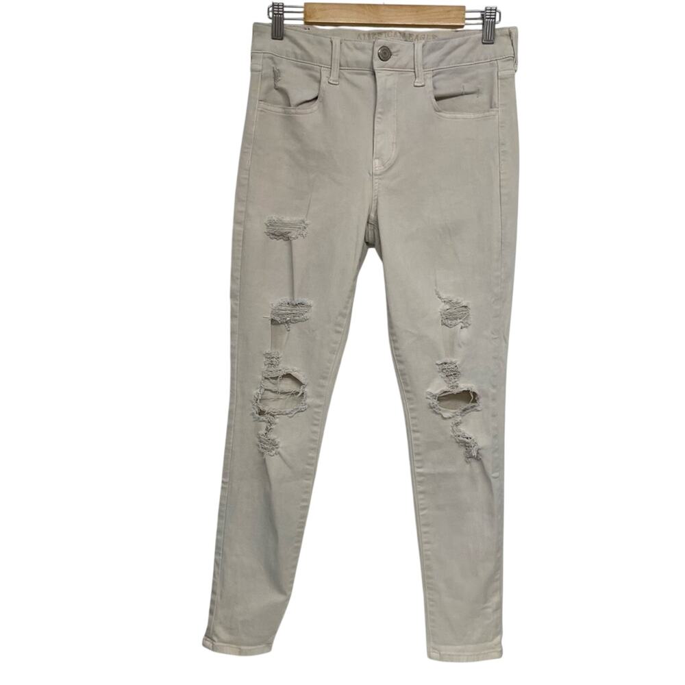 American Eagle Tan Distressed Skinny High Rise Jeans Womens 10 Denim Zip Fly